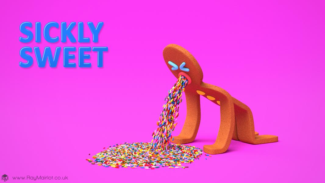 A 3D render of a gingerbread man being sick onto the floor. Multi coloured sprinkles are coming out of his mouth. Blue text in the top left hand corner says 'Sickly Sweet' on a bright pink background.